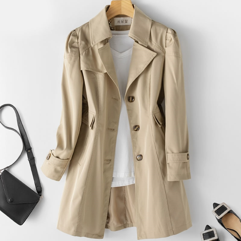 Women's Padded Shoulder Single-Button Trench Coat