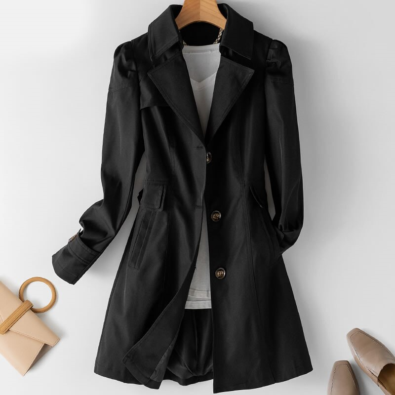 Women's Padded Shoulder Single-Button Trench Coat