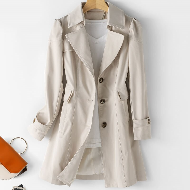 Women's Padded Shoulder Single-Button Trench Coat