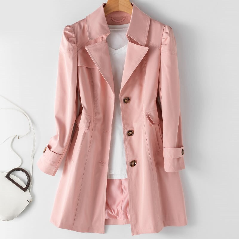 Women's Padded Shoulder Single-Button Trench Coat