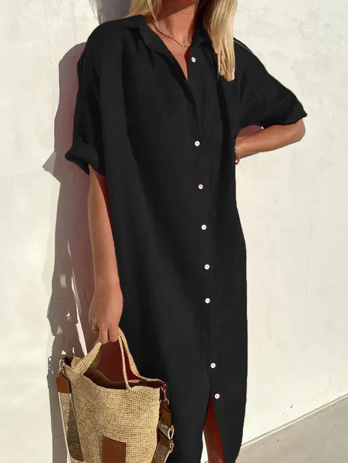 Chic Casual Women's Dress with Wide Sleeves and Button Details, Crafted from Cotton and Linen