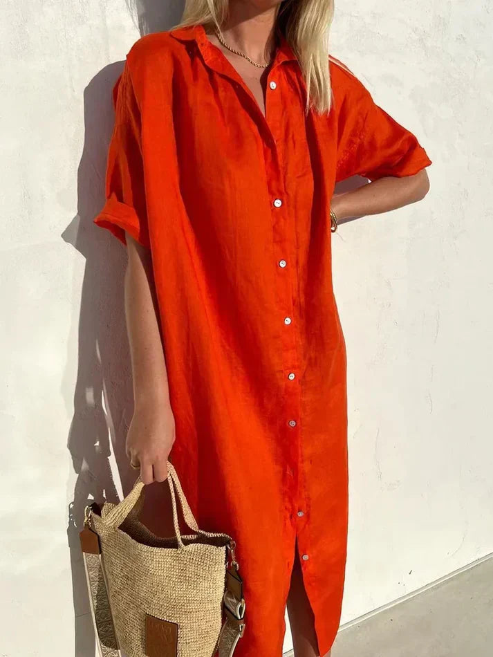 Chic Casual Women's Dress with Wide Sleeves and Button Details, Crafted from Cotton and Linen