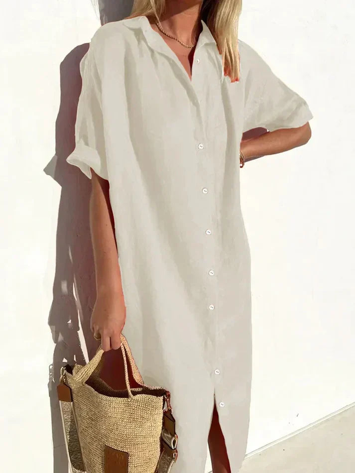 Chic Casual Women's Dress with Wide Sleeves and Button Details, Crafted from Cotton and Linen